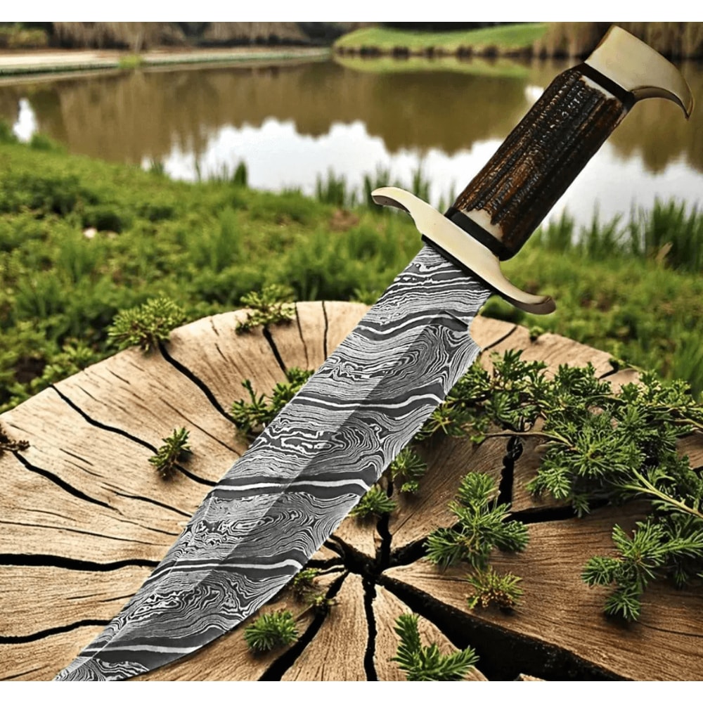 18 Handmade Snake Damascus Steel Bowie Knife Deer Horn Handle Custom Full Tang Hunting Survival 0