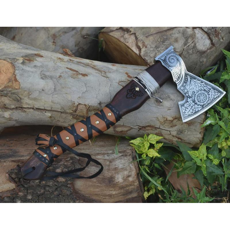Premium Engraved Viking Axe High Carbon Steel Hatchet With Leather Sheath 2