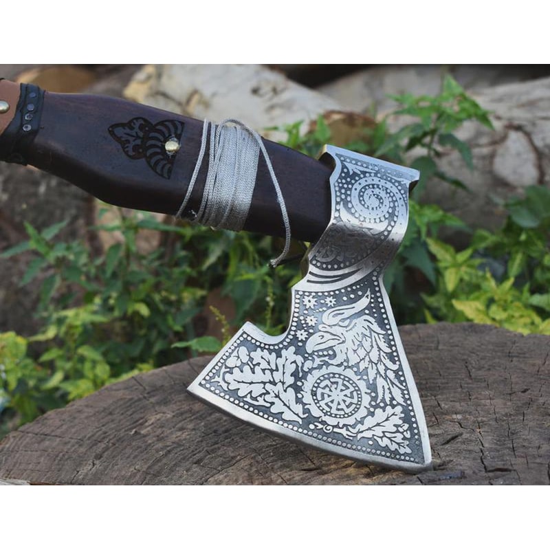 Premium Engraved Viking Axe High Carbon Steel Hatchet With Leather Sheath 5