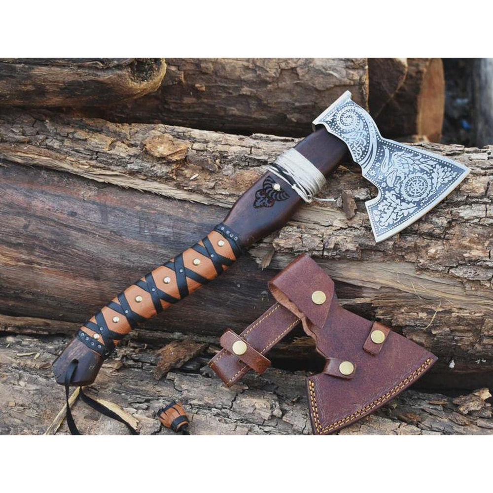 Premium Engraved Viking Axe High Carbon Steel Hatchet With Leather Sheath 1