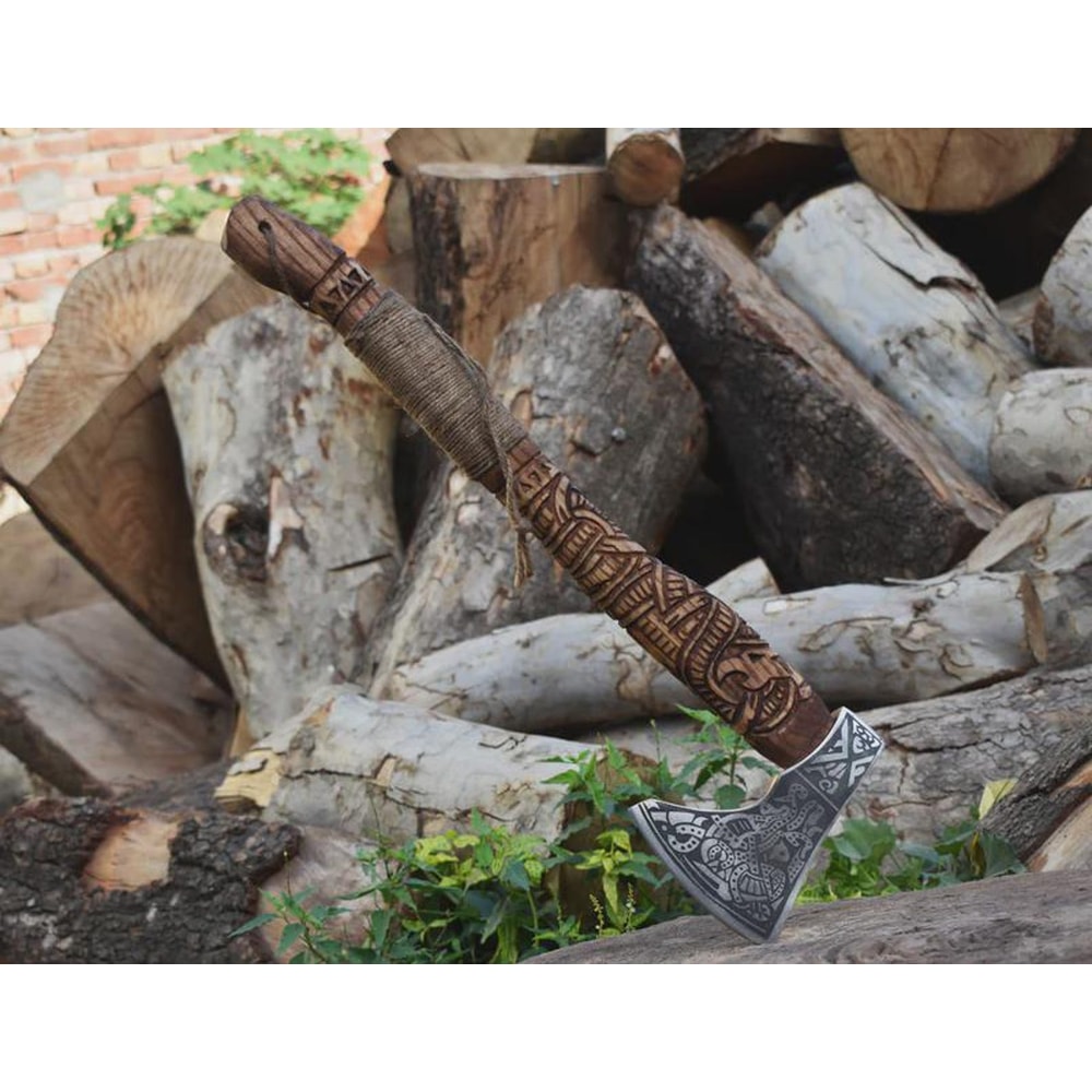 Premium Engraved Viking Axe High Carbon Steel Hatchet With Leather Sheath Nordic Heritage Axe 0
