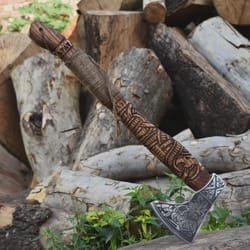 premium engraved viking axe high carbon steel hatchet with leather sheath | nordic heritage axe