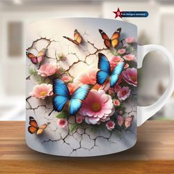 3D Blue Butterfly Hole In A Wall Mug, 11oz & 15oz Mug, Flower Mug, Mug Custom