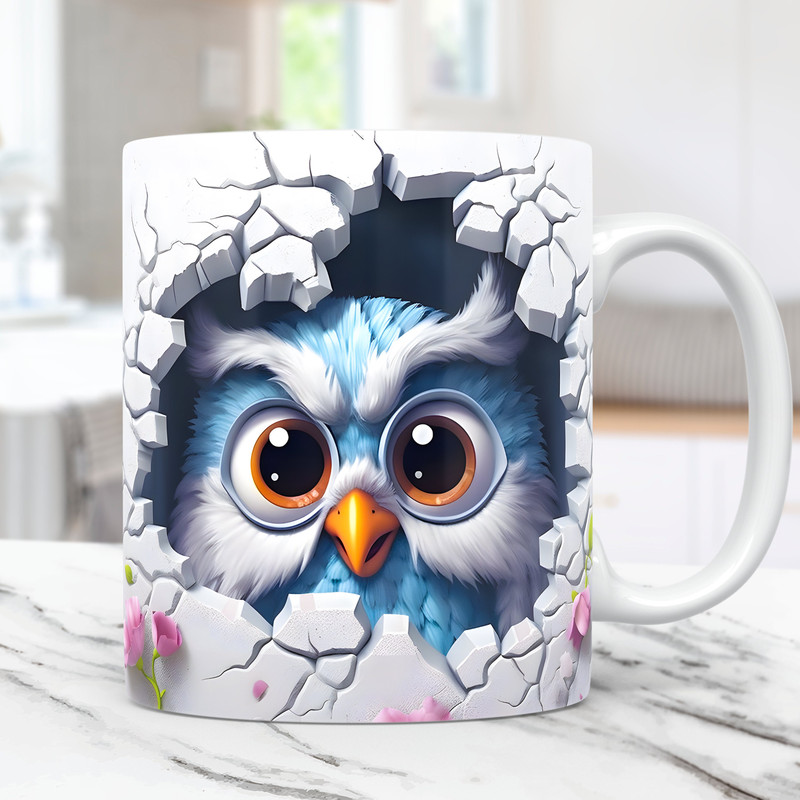 3D Baby Owl Mug Wrap 11oz and 15oz Mug Template Hole In A Wall Mug Sublimation Designs, Mug Wrap Template, Digital Download PNG.jpg
