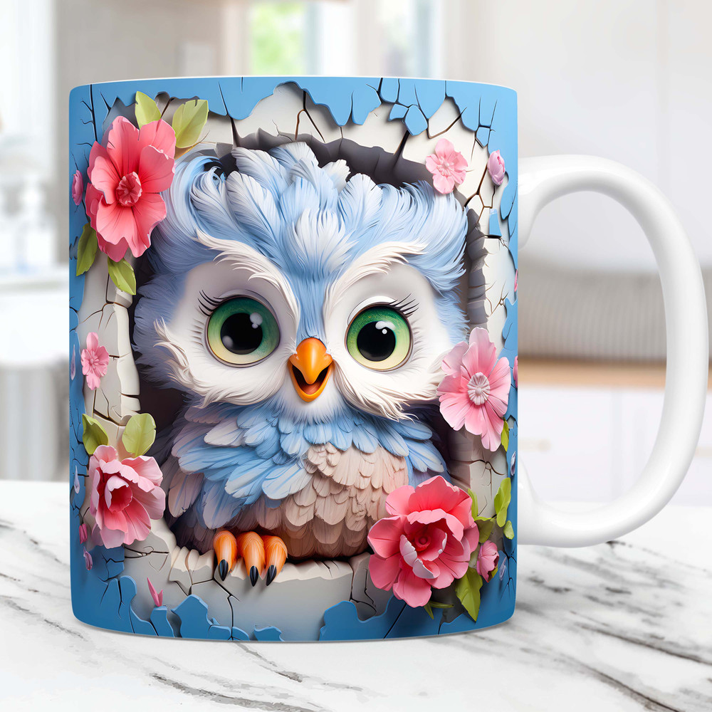 3D Baby Owl Mug Wrap, 3D Cracked Hole Owl Mug Wrap Sublimation Design PNG, 3D Floral 11oz and 15oz Owl Mug Wrap.jpg