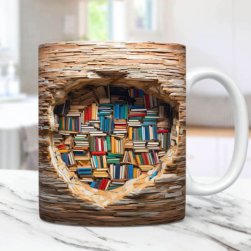 3D Book Mug Wrap Bookshelf Mug Wrap Sublimation Design PNG, 3D Book Lover Mug Wrap, 11oz and 15oz Coffee Mug Wrap, Digital Download.jpg