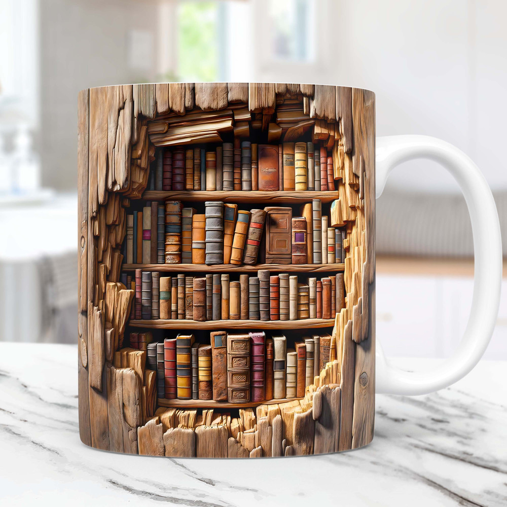 3D Book Mug Wrap, 3D Bookshelf Mug Wrap Sublimation Design PNG, 3D Book Lover Mug Wrap, 11oz 15oz Coffee Cup Template 3D Mug Press Design.jpg