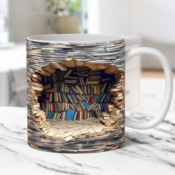 3d book mug, 3d bookshelf mug, 3d book lover mug, 11oz and 15oz coffee mug,