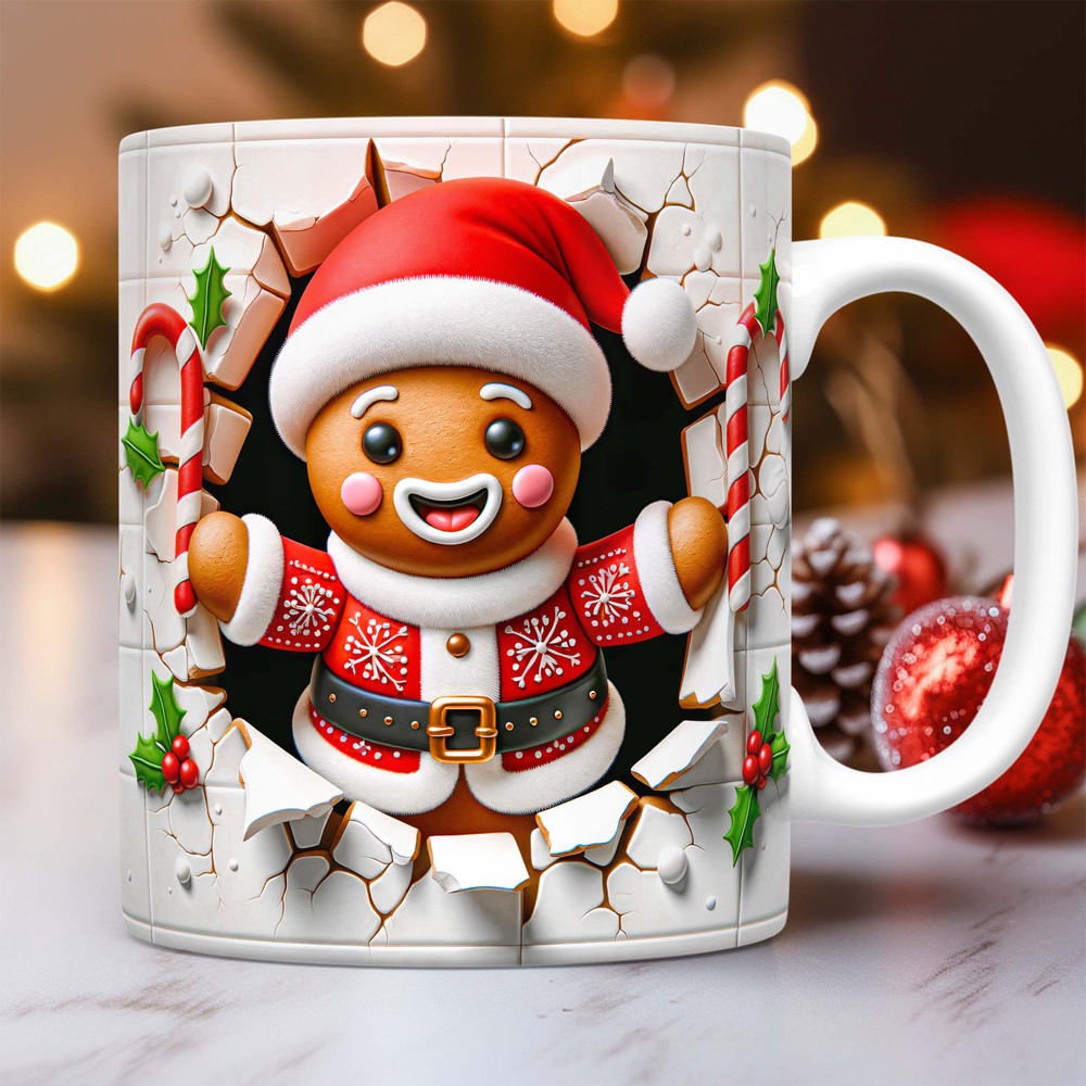 3D Christmas Gingerbread Hole In A Wall Mug Wrap Sublimation Design PNG, 3D Gingerbread Mug Design, 11oz and 15oz Coffee Cup Template.jpg
