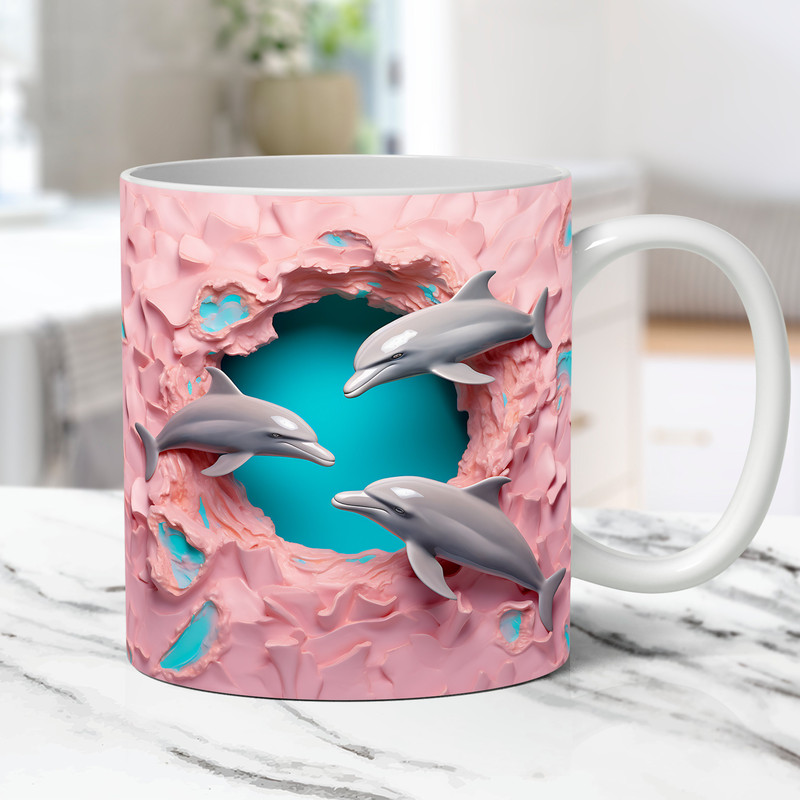 3D Dolphins Mug Wrap, Hole In A Wall Mug Wrap Sublimation Design PNG, 3D Waves 11oz 15oz Coffee Cup Template, 3D Dolphin Mug Press Designs.jpg