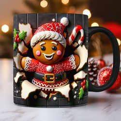 3d gingerbread christmas hole in a wall mug, 3d gingerbread mug design, 15 oz and 11 oz coffee cup