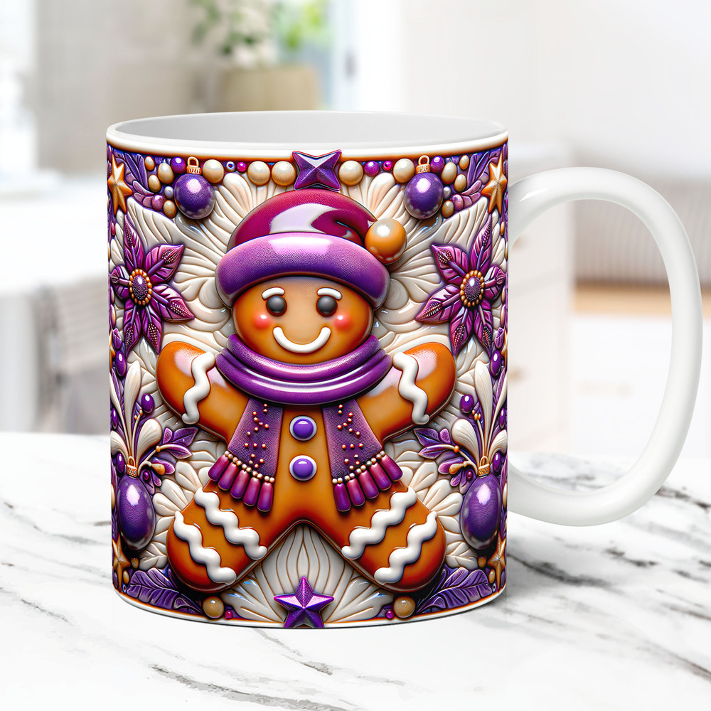 3D Gingerbread Mug Wrap Christmas Mug Wrap Inflated PNG Sublimation Design 11oz and 15oz Coffee Cup Template 3D Gingerbread Mug Press Design.jpg