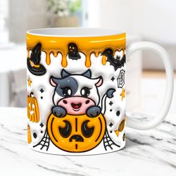 3d halloween cow mug, inflated cow pumpkin mug, halloween cow 11oz and 15oz spooky vibes mug