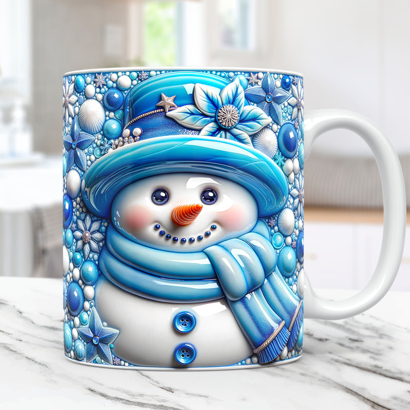 3D Inflated Snowman Mug Wrap Christmas Mug Wrap Sublimation Design PNG 11oz and 15oz Coffee Cup Template 3D Floral Snowman Mug Press Design.jpg