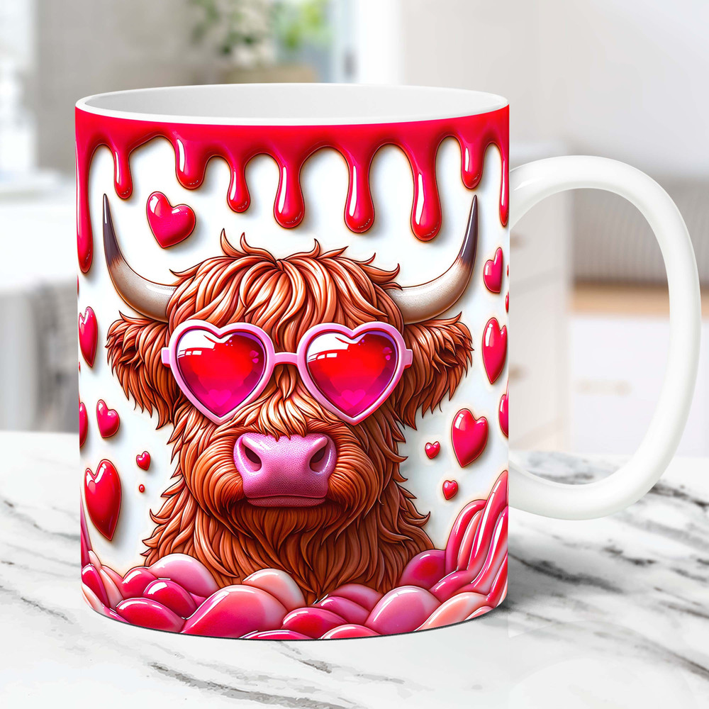 3D Inflated Valentine Highland Day Mug Wrap Sublimation Design PNG Valentines Day 11oz 15oz Coffee Cup Template Puffy Highland Cow Mug PNG.jpg