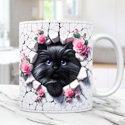 3d kitten hole in a wall mug cat mug 11oz and 15oz coffee cup 3d floral cute cat mug press design