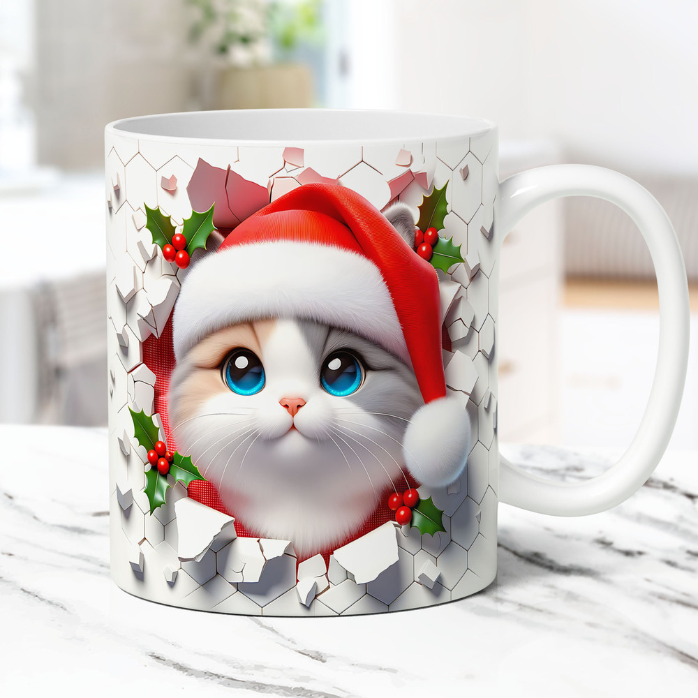 3D Kitten Hole In A Wall Mug Wrap Christmas Cat Mug Wrap Sublimation Design 11oz & 15oz Coffee Cup Template 3D Cute Cat Mug PNG Press Design.jpg