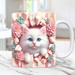 3d kitten hole in a wall mug, cat mug, cat 11oz and 15oz coffee cup, 3d cute cat mug press design