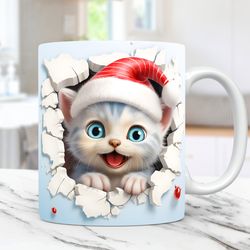3d kitten hole in a wall mug, christmas mug, 11oz & 15oz coffee cup, 3d cute cat mug press design