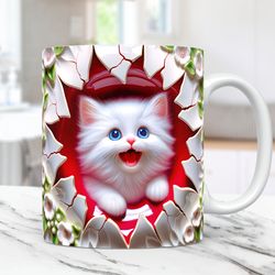3d kitten hole in a wall mug, snow mug, 11oz and 15oz coffee cup, 3d cute cat mug press design