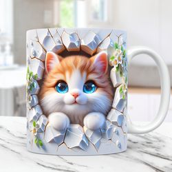 3d kitten hole in a wall mug, snow mug, 11oz and 15oz coffee cup, 3d cute cat mug press design 1