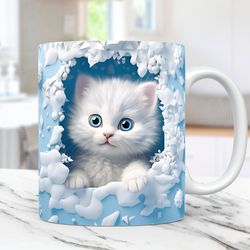 3d kitten hole in a wall mug, snow mug, 11oz and 15oz coffee cup, 3d cute cat mug press