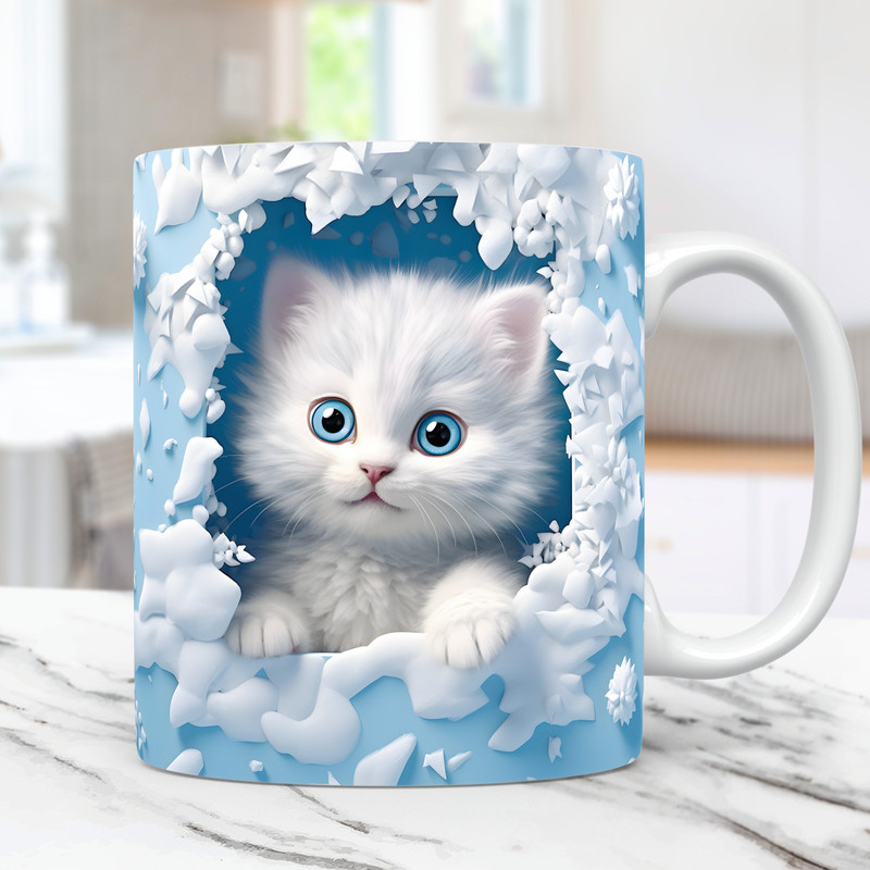 3D Kitten Hole In A Wall Mug Wrap, Snow Mug Wrap Sublimation Design PNG, 11oz and 15oz Coffee Cup Template, 3D Cute Cat Mug Press Design.jpg