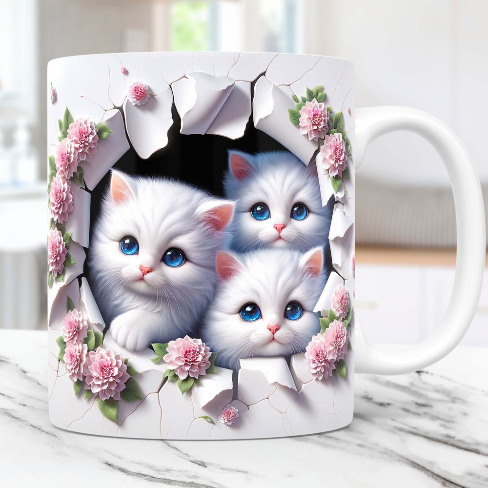 3D Kittens Hole In A Wall Mug Wrap, 3D White Cat Mug Wrap Sublimation Design PNG, 11oz and 15oz Coffee Cup Template, 3D Cute Cat Mug Design.jpg