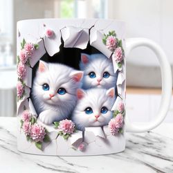 3d kittens hole in a wall mug, 3d white cat mug, 11oz and 15oz coffee cup, 3d cute cat mug design