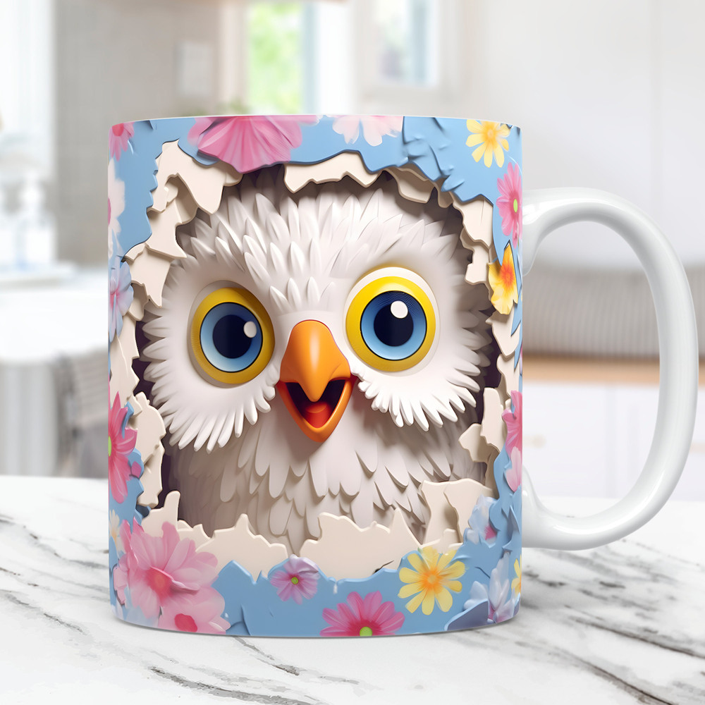 3D Owl Mug Wrap, Flower and Owl Mug Wrap Sublimation Design PNG, Floral Hole In A Wall Owl Mug Wrap, 11oz and 15oz Baby Owl Mug Wrap.jpg