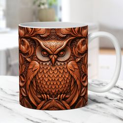 3d owl mug, flower and owl mug, floral tooled leather puffy owl mug, 11oz 15oz inflated owl mug