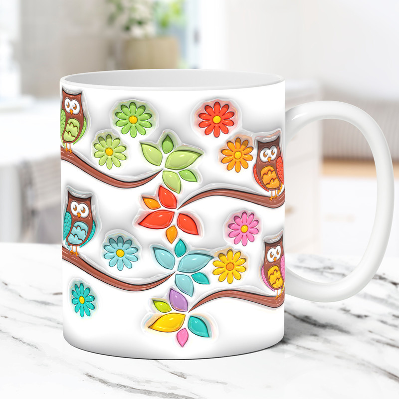 3D Owl Mug Wrap, Inflated Floral Owl Mug Wrap Sublimation Design PNG, 11oz and 15oz Coffee Cup Template, 3D Puffy Flower Owl Mug Wrap.jpg
