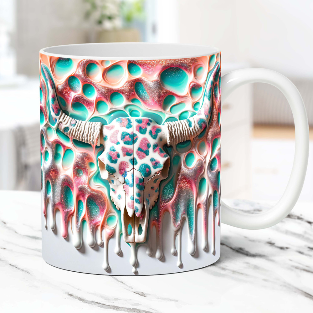 3D Pink Boho Cow Skull Mug Wrap Cowgirl Mug Wrap Sublimation Design PNG Country Mug Design Cowhide 11oz & 15oz Coffee Cup Western Template.jpg