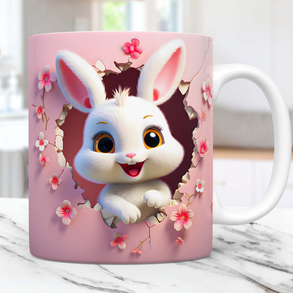3D Rabbit Hole In A Wall Mug Wrap, Pink Mug Wrap Sublimation Design PNG, 11oz and 15oz Coffee Cup Template, 3D Cute Rabbit Mug Press Design.jpg