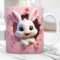 3d rabbit hole in a wall mug, pink mug, 11oz and 15oz coffee cup, 3d cute rabbit mug press design