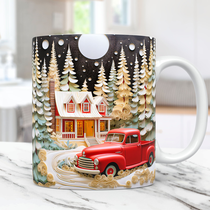 3D Red Truck Mug Wrap Cute Christmas Mug Wrap Sublimation Design PNG 11oz and 15oz Coffee Cup Template, 3D Christmas Farmhouse Mug.jpg