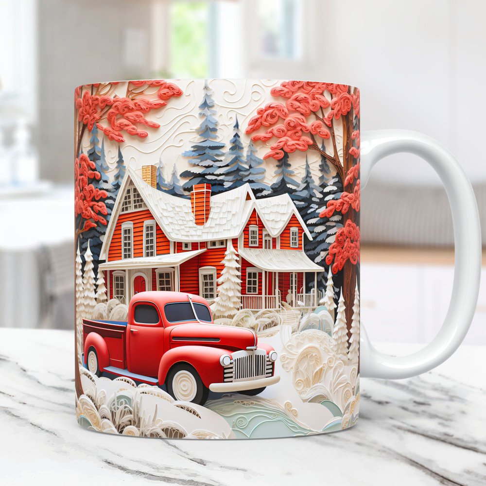 3D Red Truck Mug Wrap Vintage Christmas Mug Wrap Sublimation Design PNG 11oz and 15oz Coffee Cup Template, 3D Christmas Farmhouse Mug.jpg