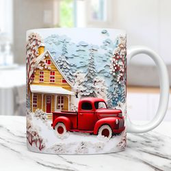 3d red truck mug, vintage christmas mug, 11oz and 15oz coffee cup, 3d christmas farmhouse mug