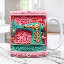 3d sewing mug, 3d floral sewing mug, 11oz and 15oz coffee cup, 3d sewing machine mug press design