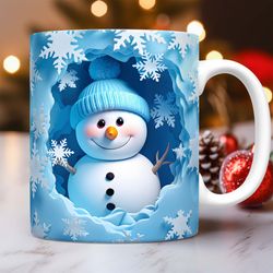 3d snowman hole in snowflakes wall mug, 3d snowman 11oz 15oz mug, 3d christmas mug press design
