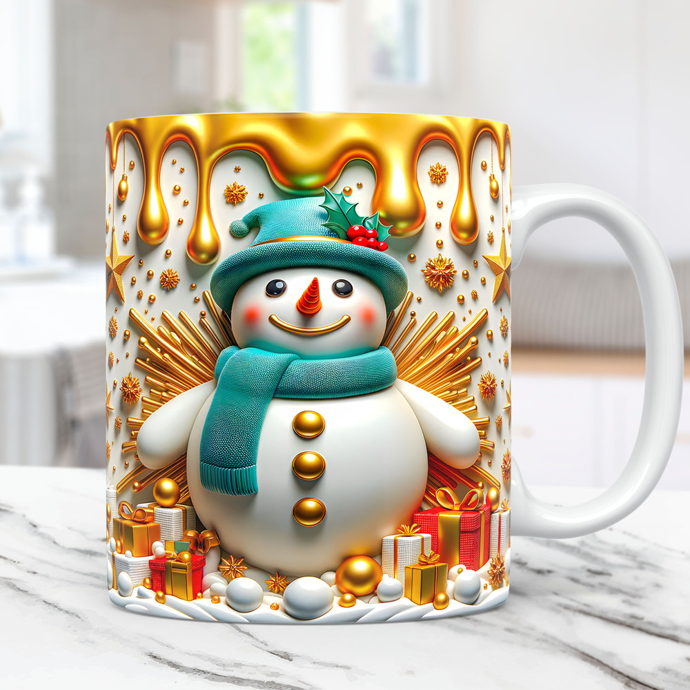 3D Snowman Mug Wrap Christmas Mug Wrap Inflated Sublimation Design PNG 11oz and 15oz Coffee Cup Template 3D Snowman Mug PNG Press Design.jpg