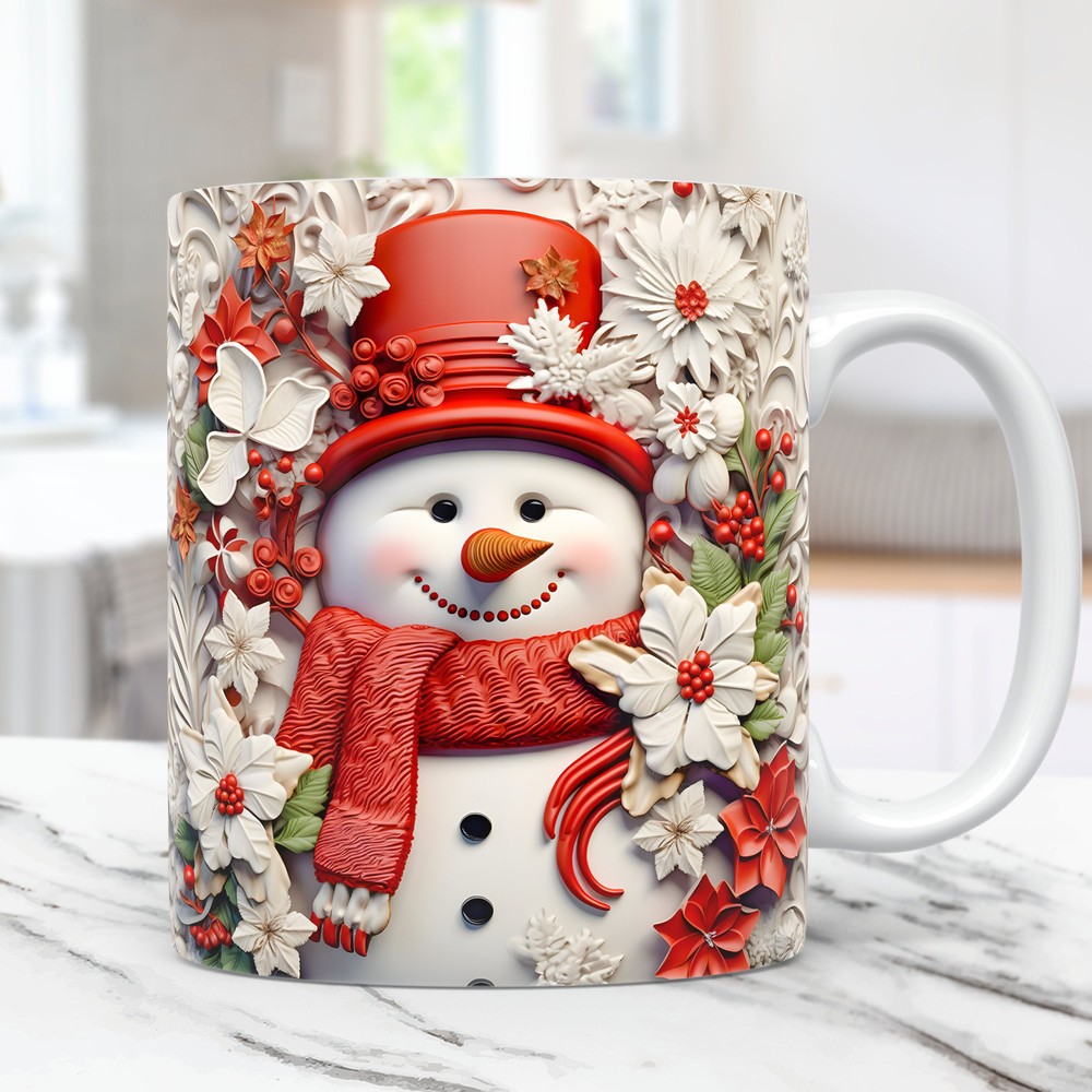 3D Snowman Mug Wrap, Christmas Mug Wrap Sublimation Design PNG, 11oz and 15oz Coffee Cup Template, 3D Floral Snowman Mug Press Design.jpg