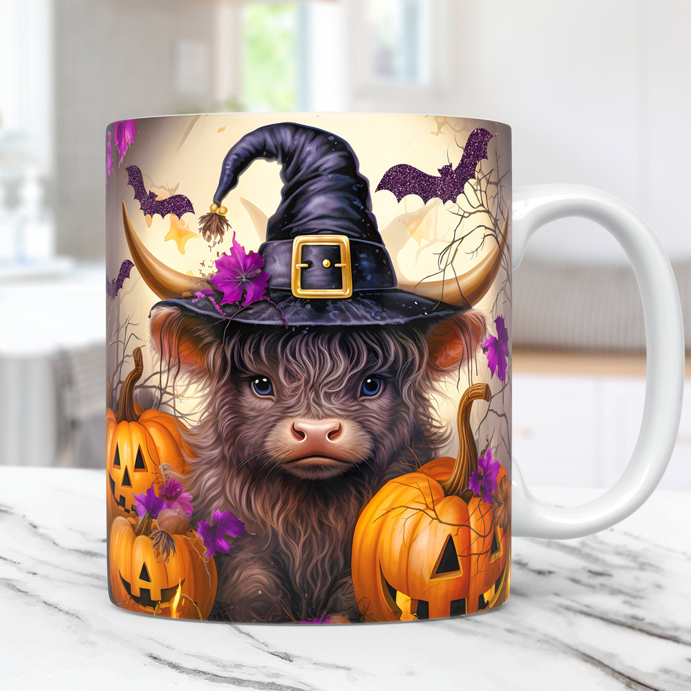 Baby Highland Cow Witch Halloween Mug Wrap, 11oz And 15oz Mug Template, Mug Sublimation Design PNG, Pumpkin Mug Wrap.jpg