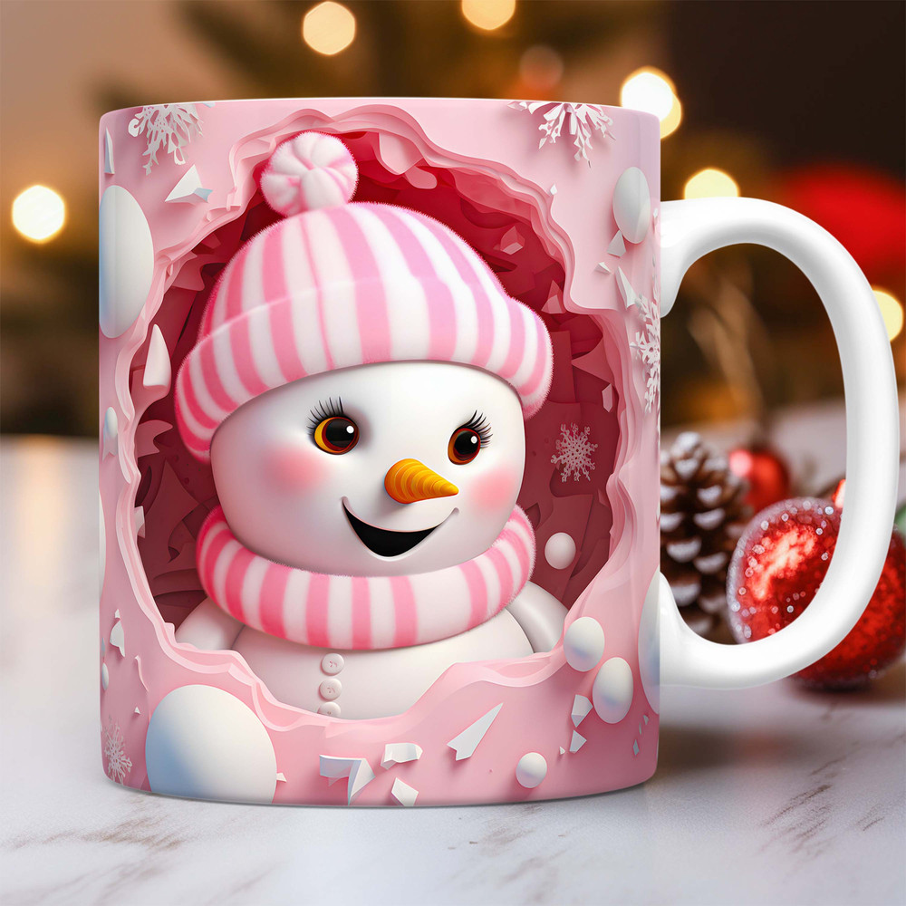 Cute Snowman Hole In Wall Mug Wrap Sublimation Design PNG, 3D Snowman 11oz 15oz Mug Wrap Template, Pink Christmas Mug Press Design.jpg