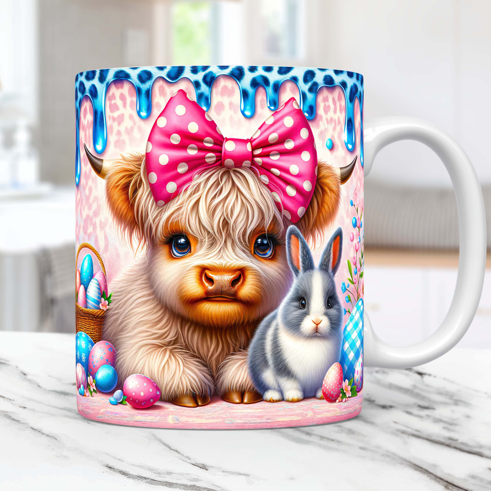 Easter Highland Cow Mug Wrap Easter Bunny Mug Wrap PNG Sublimation Design, Egg Basket Happy Easter Day Highland Cow 11oz & 15oz Mug Template.jpg