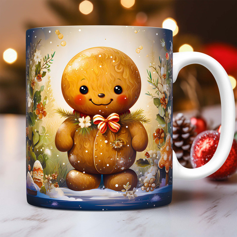 Gingerbread Christmas Mug Wrap, Floral Gingerbread Man Mug Wrap Sublimation Designs PNG, 11oz and 15oz Coffee Mug Wrap, Digital Download.jpg