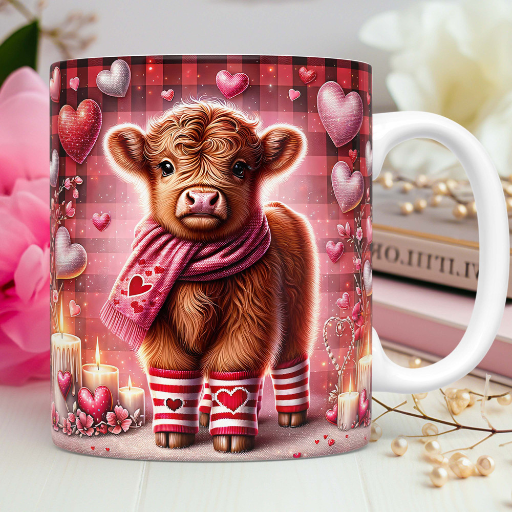 Valentines Day Highland Cow Mug Wrap Sublimation Design PNG Valentine 11oz 15oz Coffee Cup Template Baby Highland Cow Mug Press Design.jpg
