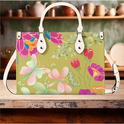 Luxury Women PU leather Handbag tote purse beautiful spring floral botanical garden of wildflowers Cottagecore farmhouse