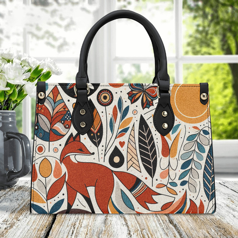 Luxury Women PU leather Handbag tote unique beautiful red fox Art deco cottage core design abstract art pretty orange sides.jpg