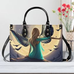 PU Leather Handbag women's shoulder satchel purse tote Unique fun Fairy angel wings magical Abstract design Stand out in